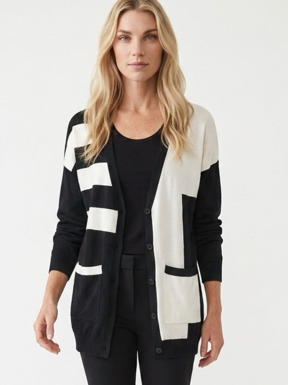 TRINA TURK | Button Front Colorblock & Stripe Print Cardigan Women’s Size Small